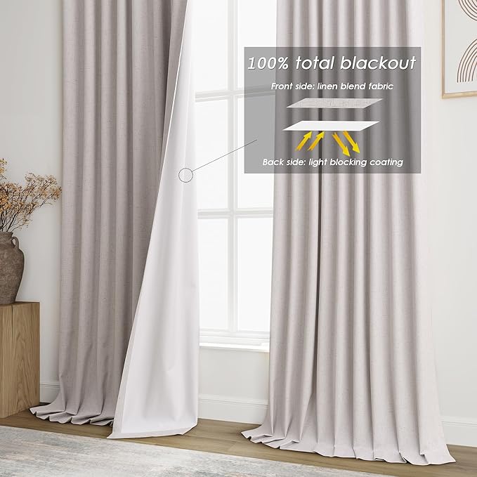 Extra Long Blackout Curtains 108 Inches Long Champagne Modern Linen Back Tab Curtains for Sliding Glass Doors Thermal Darkening Light Blocking Floor Length Windows Drapes with White Liner 52x108