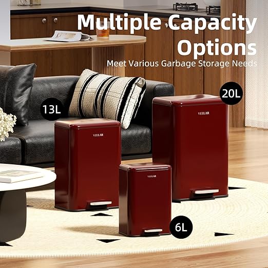 Small Bathroom Trash Can - Mini Step Garbage Can with Lid, Stainless Steel Trash Bin for Bedroom, Office ，Living Room(Red, 6 Liter / 1.6 Gallon)