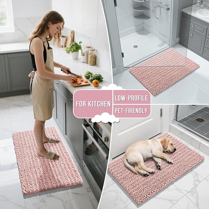 Yimobra Bathroom Rugs Non Slip Washable 24x17 Inch - Ultra Soft Absorbent Chenille Bath Mat, Quick Dry Shaggy Floor Carpet for Tub Shower, Light Pink Home Decor Accessories