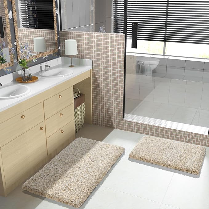 Yimobra Bathroom Rug Set 2 Piece, Soft Absorbent Microfiber Bath Mat Set, Non Slip Machine Washable Dry, Plush Shaggy Shower Rugs for Bathroom Floor, 32"x20"+24"x17", Light Beige & White