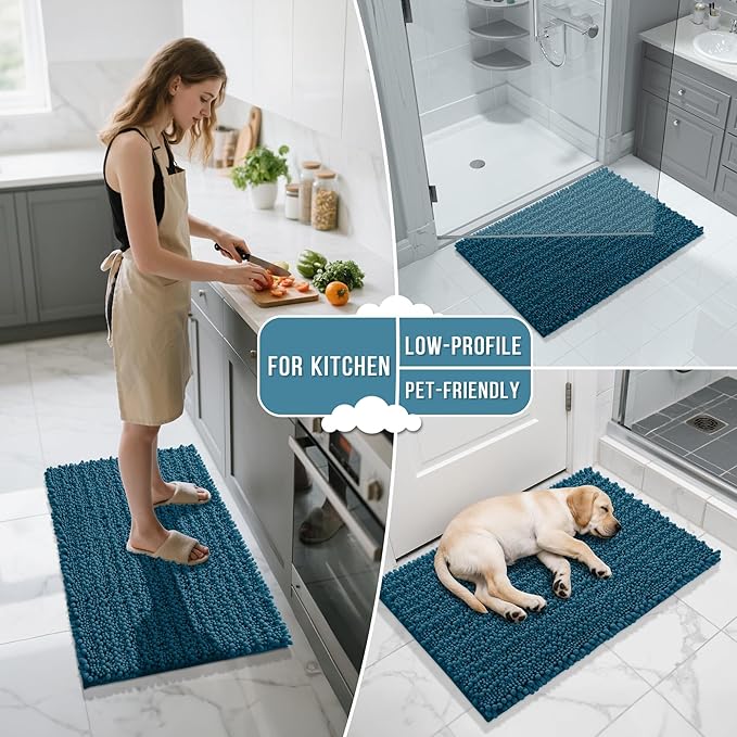 Yimobra Bathroom Rugs Non Slip Washable 24x17 Inch - Ultra Soft Absorbent Chenille Bath Mat, Quick Dry Shaggy Floor Carpet for Tub Shower, Peacock Blue Home Decor Accessories