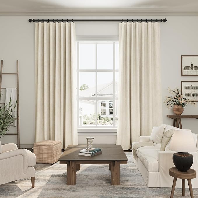 Tan Beige Linen Blackout Curtains 80 Inches Long for Bedroom Back Tab Burlap Flax Linen Drapes Blackout Rustic Farmhouse Full Light Blocking Winter Thermal Insulated Curtain 80 Inch Length 2 Panels