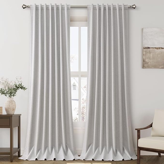 Extra Long Blackout Curtains 108 Inches Long Silver Birch Modern Linen Back Tab Pocket Curtains for Sliding Glass Doors Thermal Light Blocking Floor Length Windows Drapes With White Backing 52X108