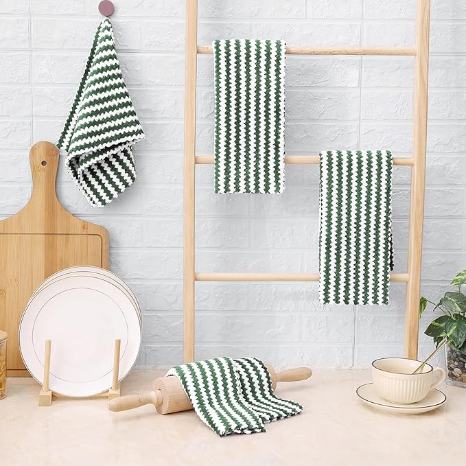 Homaxy Kitchen Towels(24 Pack, 10 x 20 inches), Ultra Soft and Absorbent Dish Towels, Reusable Fast Drying Microfiber Cleaning Cloth, Coral Velvet Wave Design No-lint, Grass Green