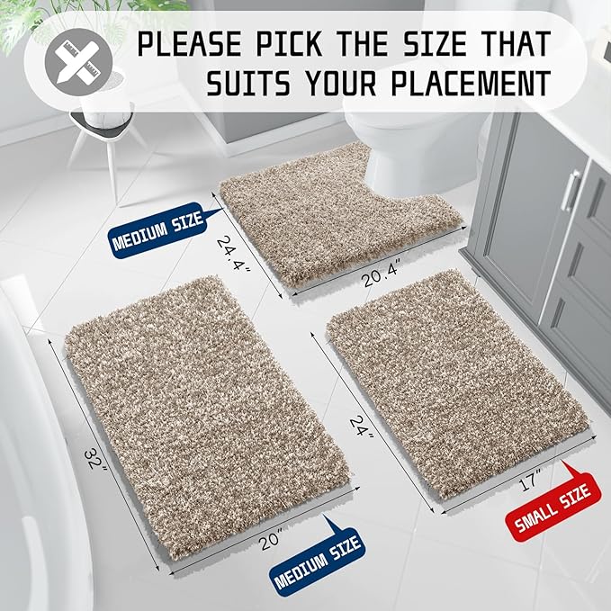 Yimobra Bathroom Rug Set 2 Piece, Soft Absorbent Microfiber Bath Mat Set, Non Slip Machine Washable Dry, Plush Shaggy Shower Rugs for Bathroom Floor, 32"x20"+24"x17", Light Brown and White