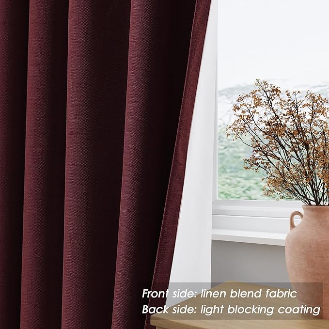 Full Black Out Burgundy Window Curtains 96 Inches Long Back Tab Rod Pocket Thermal Insulated Noise Cancelling Room Darkening 2 Panels Set for Nursery Boho Farmhouse Curtains Drapes 52x96