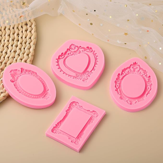 Baroque Frame Silicone Molds 4 Pcs, Chocolate Fondant Mold for Cake Decoration, Clay Resin Mold, Home Baking Home Decoration, Candy, Sugar Craft, Flower Paste, Mousse