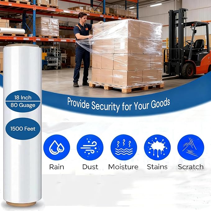 Industrial Stretch Wrap Roll– 18" x 1500 Ft, 80 Gauge Clear Stretch Film Pallet Shrink Wrap for Moving, Packing, Shipping, Storage & Furniture Protection（4 Rolls)