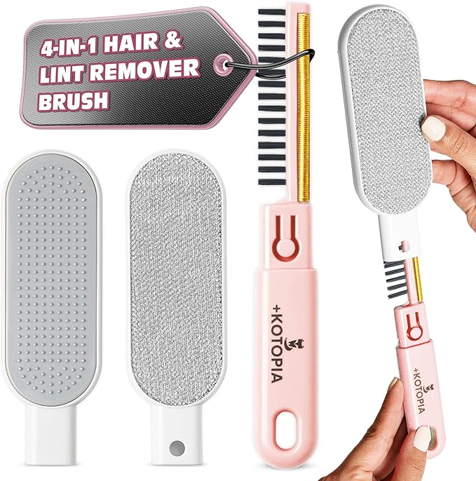 4-in-1 Pet Hair and Lint Remover Brush – Reusable Fabric and Clothing Cleaner for Pet Hair, Lint and Fur – Handheld Multi-Surface Tool for Clothes, Upholstery, Sofa and Travel Use (Pink)