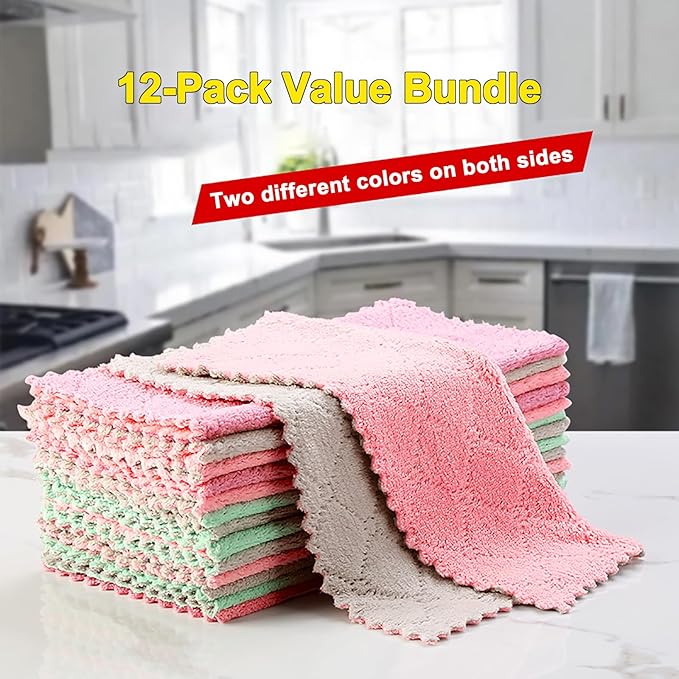 12-Pack Premium Coral Fleece Microfiber Cleaning Cloths, 10"x10" - Streak-Free & Lint-Free, Multipurpose Rags - Assorted Gray, Purple & Pink Towels for Home, Kitchen, Glass & More