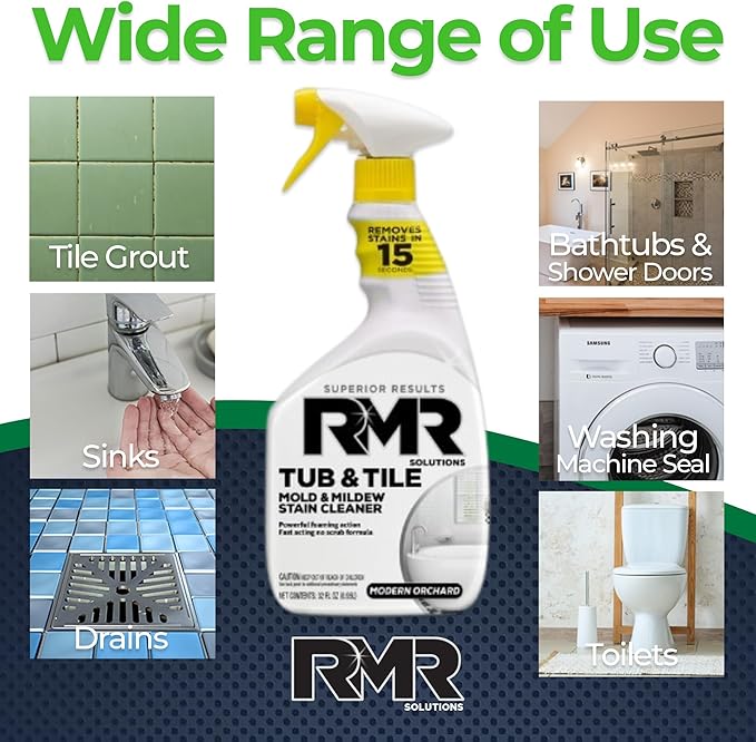 RMR - Tub and Tile Cleaner, Mold & Mildew Stain Remover, Industrial-Strength, No-Scrub Foam Cleaner, Modern Orchard Scent, 32 Fl Oz
