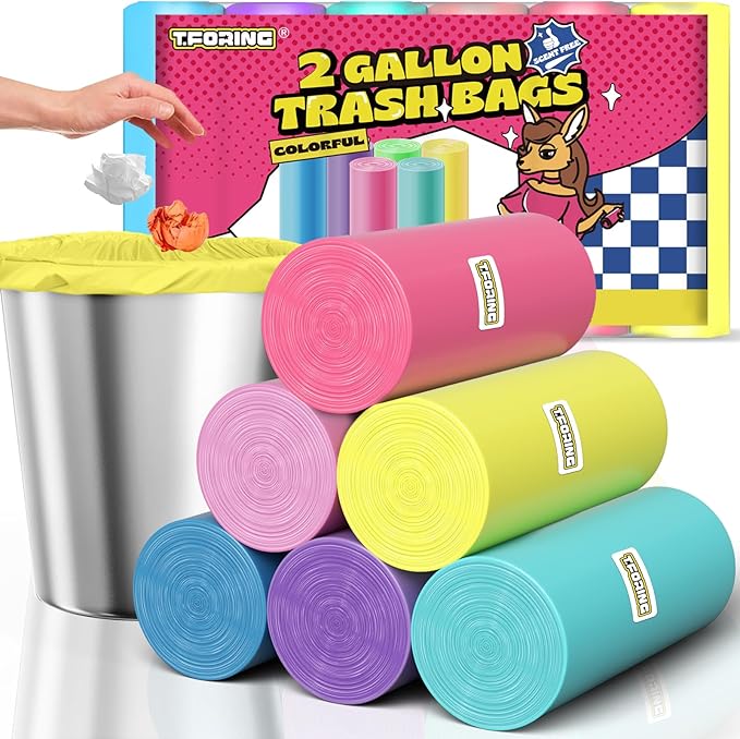 Mini Trash Bags 2 Gallon - 150 Count Small Garbage Bags Unscented,7.5 Liter Colored Plastic Trash Can Liners,Thick Waste Basket Liners for Bathroom Home and Office