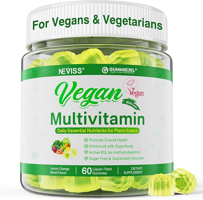 NEVISS Vegan Multivitamin for Women & Men w/Methyl B12, D3 K2, Plant Based Omega 3 (DHA+EPA), Iron, Choline, Zinc, Whole Food Daily Vitamins Gummies for Vegans & Vegetarians, Sugar Free, 60Cts