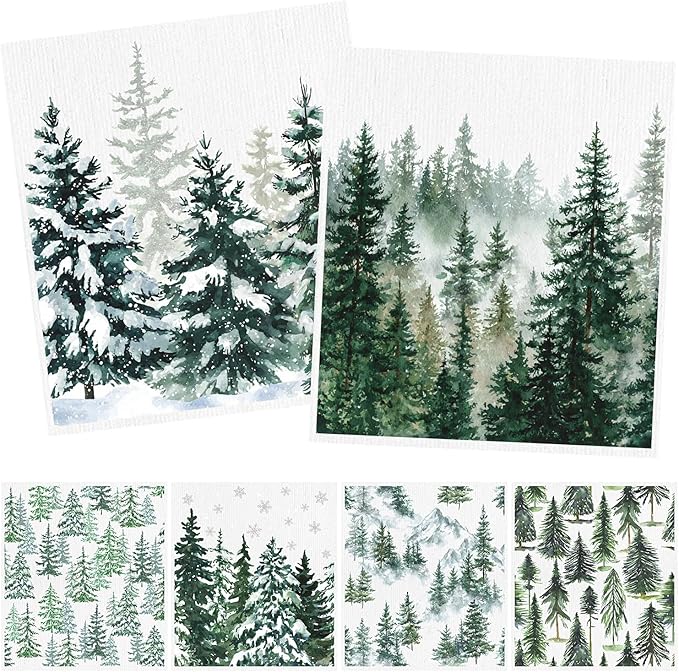 Forest Swedish Dishcloths for Kitchen - 6PCS Watercolor Forest Swedish Cloths for Washing Dishes, Winter Christmas Reusable Dish Towels, Pine Tree Washable Cleaning Sponge Fast Drying