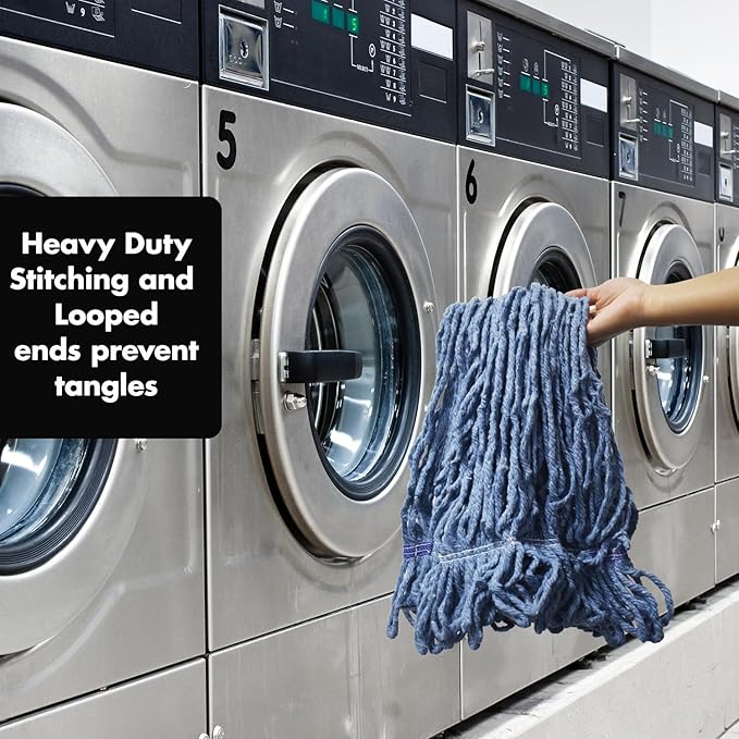KULED Commercial Mop Head Replacement, Heavy Duty Industrial Cotton Mop Heads, Looped-End String Wet Mop Head for General and Floor Cleaning, Blue (3 Count)