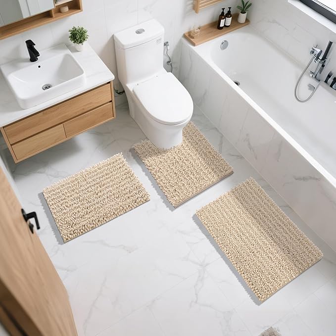 Yimobra Bathroom Rugs Non Slip Washable 24x17 Inch - Ultra Soft Absorbent Chenille Bath Mat, Quick Dry Shaggy Floor Carpet for Tub Shower, Light Brown Home Decor Accessories