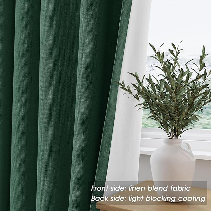 Blackout Green Linen Curtains 96 Inches Long Back Tab Heat Reflective Full Light Block Out Curtains 2 Panels for Bedroom Windows Textured Long Draperies with Liner Floor to Ceiling Length 8Ft 52x96