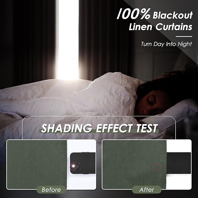 Olive Green Linen 100% Black Out Curtains 108 Inches Long 2 Panels Set for Bedroom Boho Farmhouse Back Tab Thermal Insulated Energy Efficient Curtains Living Room High Ceiling Length 9 FT 52x108
