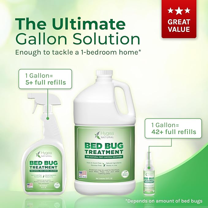 Hygea Natural Bed Bug & Lice Elimination Duo - Includes 24 Ounce Lice, Bed Bug & Mite Spray & 128 Ounce Refill - Child & Pet Friendly - Stain & Odor Free Spray