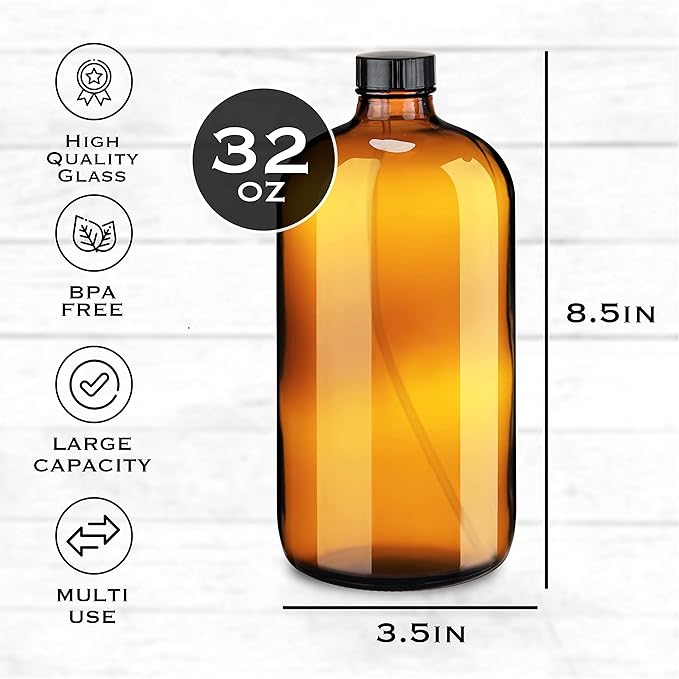 Large 32oz Amber Glass Spray Bottles with Funnel - Refillable Trigger Sprayer Containers for Oils, Cleaning Products, Plant Misting, Cooking, Hair, and Beauty. Includes 4 Bottles and 1 Funnel.