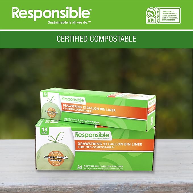 Responsible Products Kitchen Bin Liners, Certified Compostable, Heavy Duty Multipurpose Food Scrap Bags, Made from Compostable Materials (13 Gallon Drawstring, 13 Gallon (10 Count))