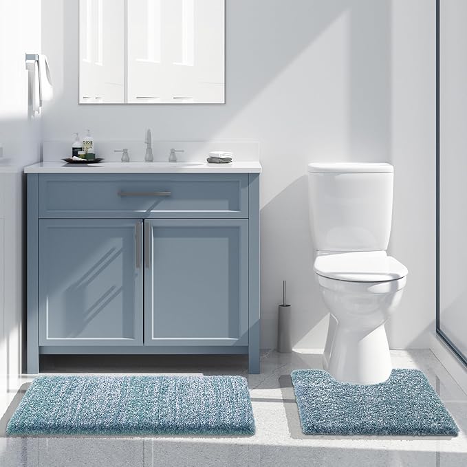 Yimobra Bathroom Rugs Sets 2 Piece, Soft Absorbent Bath Mat and U-Shaped Toilet Rug with Non Slip Backing, Machine Washable, Plush Shaggy Bath Mats for Bathroom, 32"x20"+24"x20", Denim Blue and White