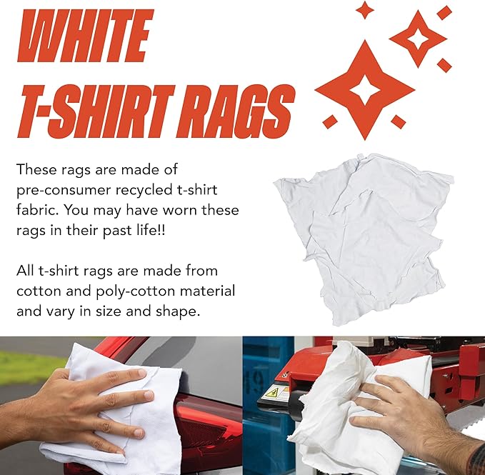 Arkwright Tshirt Bag of Rags - 5 lb Bag - Low Lint, Streak-Free Multipurpose Professional Cotton Cleaning Cloths for Stain, Paint, Wood, and Grease, White
