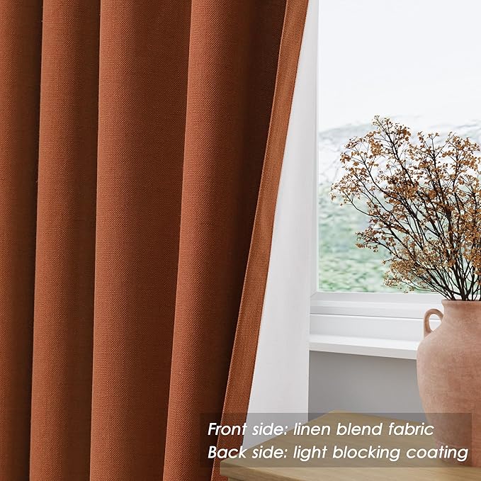 Nanspring Terracotta 100% Blackout Linen Curtains 132 inch Length Back Tab Rod Pocket Drapes Thermal Insulated Textured Living Room Blac kout Curtains 2 Panels Set 52x132