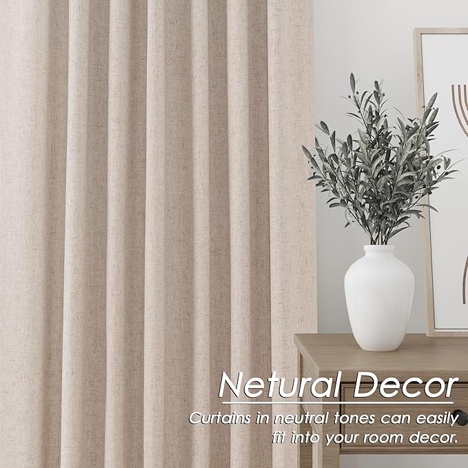 Oatmeal Linen 100% Black Out Curtains 108 Inches Long 2 Panels Set for Bedroom Boho Farmhouse Back Tab Thermal Insulated Energy Efficient Room Darkening Curtains Living Room High Ceiling Length 9 FT