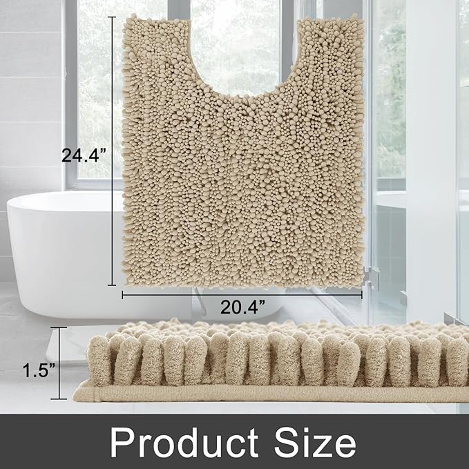 Yimobra Toilet Rug U Shaped Washable 24x20 Inch - Ultra Soft Absorbent Chenille Bath Rugs for Toilet, Quick Dry & Machine Washable, Non Slip Contour Bathroom Mat, Pale Khaki