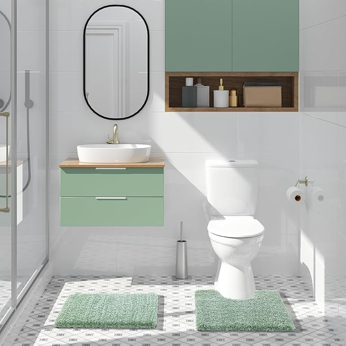 Yimobra Bathroom Rugs Sets 2 Piece, Soft Absorbent Bath Mat and U-Shaped Toilet Rug with Non Slip Backing, Machine Washable, Plush Shaggy Bath Mats for Bathroom, 24"x17"+24"x20", Light Green and White