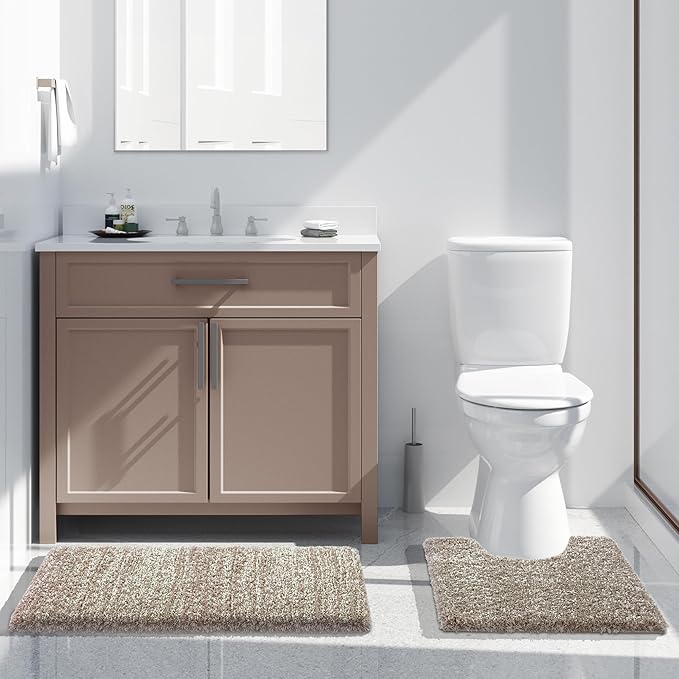 Yimobra Bathroom Rugs Sets 2 Piece, Soft Absorbent Bath Mat and U-Shaped Toilet Rug with Non Slip Backing, Machine Washable, Plush Shaggy Bath Mats for Bathroom, 32"x20"+24"x20", Light Brown and White