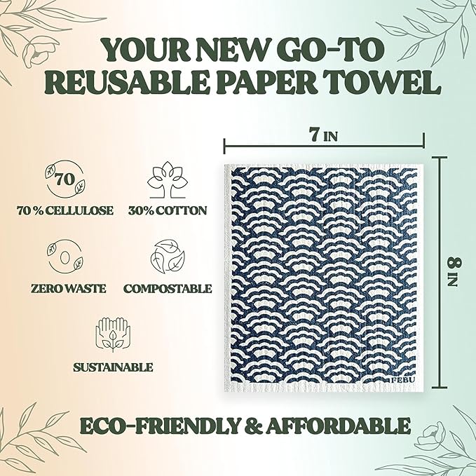 FEBU Swedish Dishcloths for Kitchen | 5 Pack Faded Summer Reusable Paper Towels Washable | Swedish Dish Towels | Non-Scratch Cellulose Sponge Cloths | No Odor, Biodegradable Cleaning Cloths