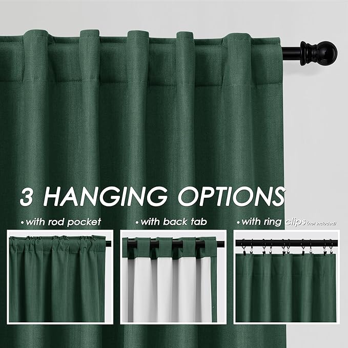Green Linen Blackout Curtains 120 Inch Length 2 Panels Set Extra Long 10 Ft Back Tab Pocket Drapes Thermal Insulated Total Blocking Curtains for Dining Room Cottage High Window Curtain 52x120 Inch