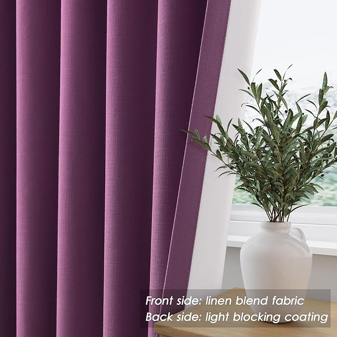 Nanspring Full Blackout Linen Purple Curtains 90 Inches Long for Living Room Patio Sliding Door Back Tab 100% Black Out Bedroom Curtains Boho Elegant Modern Window Curtain Panels Set of 2 52x90 Inch