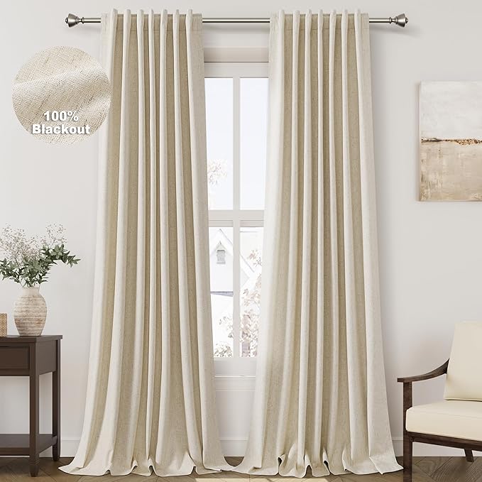 Nanspring Tan Beige Linen Blackout Curtains 132 inch Length Back Tab Rod Pocket Thermal Insulated Textured Living Room Blackout Curtains 2 Panels Set 52x132