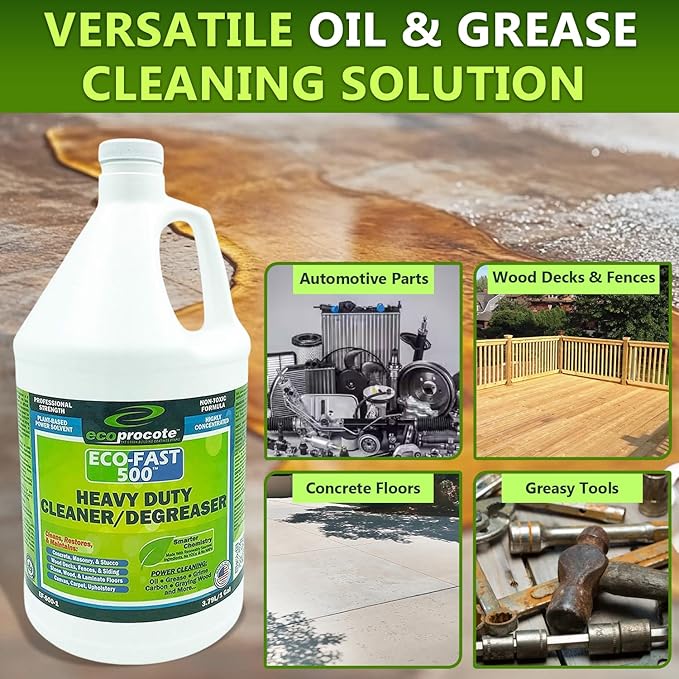 EcoFast 500 New & Improved Heavy-Duty Degreaser Cleaner — Non-Toxic, Biodegradable Grease Stain Dissolver — Multi Use Concentrate for Kitchen, Automotive, Floor, Wood, Fabric, Driveway — 1 Gallon