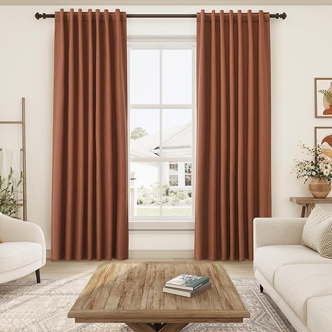 Nanspring Terracotta Linen 100% Blackout Curtains 105 inch Length Back Tab Rod Pocket Drapes Thermal Insulated Textured Living Room Black Out Curtains 2 Panels Set 52x105