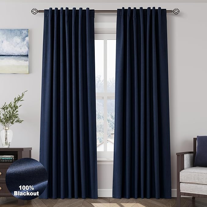 Navy Blue Linen Blackout Curtains 84 Inches for Bedroom Pinch Pleated Modern Living Room Draperies 84 Length 2 Panels Energy Saving Thermal Insulated Dark Blue Black Out Curtains with White Backing