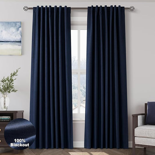 Navy Blue Linen Blackout Curtains 84 Inches for Bedroom Pinch Pleated Modern Living Room Draperies 84 Length 2 Panels Energy Saving Thermal Insulated Dark Blue Black Out Curtains with White Backing