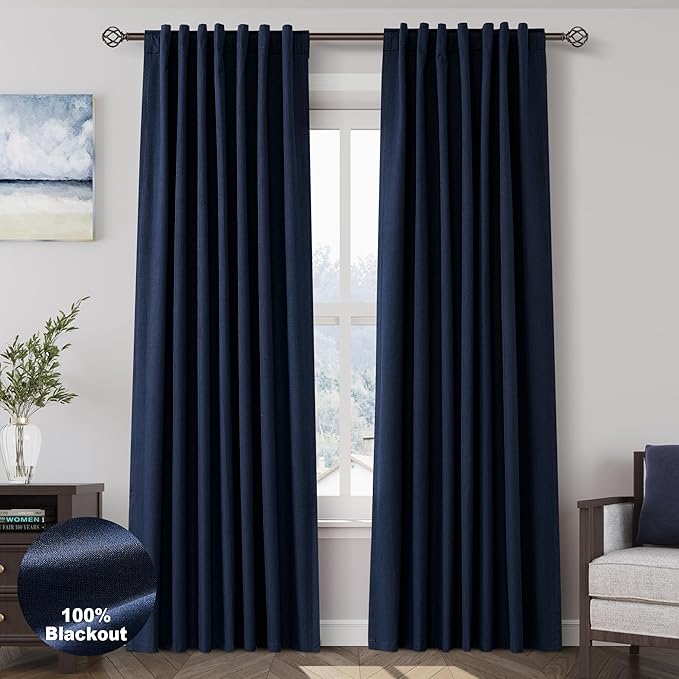 Navy Blue Linen Blackout Curtains 80 Inches for Bedroom Pinch Pleated Modern Living Room Draperies 80 Length 2 Panels Energy Saving Thermal Insulated Dark Blue Black Out Curtains with White Backing