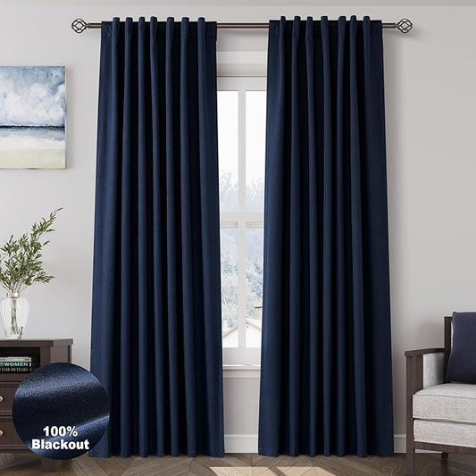 Navy Blue Linen Blackout Curtains 80 Inches for Bedroom Pinch Pleated Modern Living Room Draperies 80 Length 2 Panels Energy Saving Thermal Insulated Dark Blue Black Out Curtains with White Backing