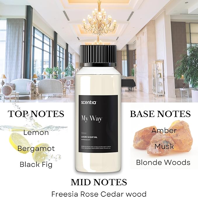 Scentia Hotel My Way Diffuser Oil Inspired by The 1 Hotel MiamiBeach - 120 ml 4.06 fl oz - Fragrance Oil Blend Sandalwood, Cedar & Lemon Notes for Aromatherapy Diffusers and Humidifiers