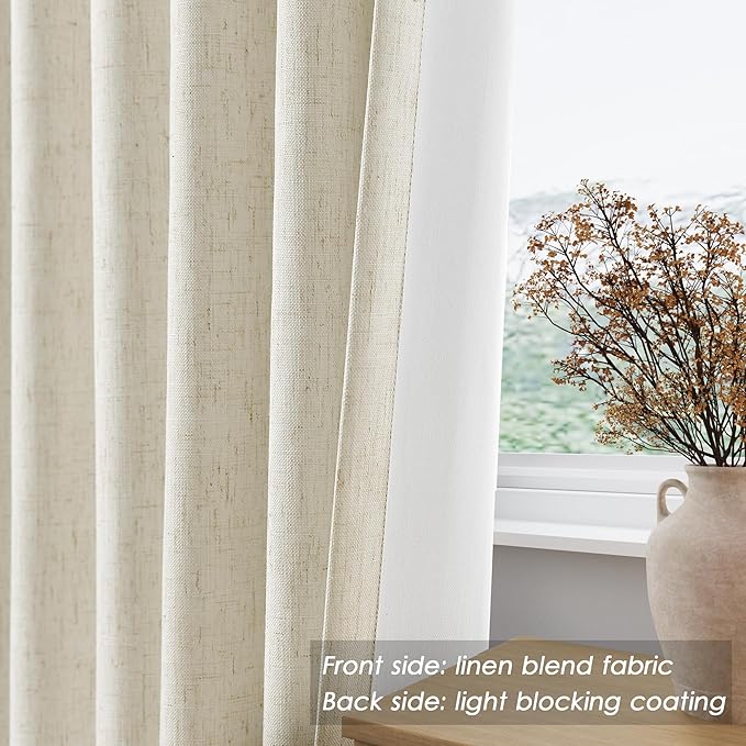 Nanspring Warm Beige Linen Blackout Curtains 96 Inches Long Back Tab Cooling Noise Reducing 100% Blackout 2 Panels Set for Bedroom Neutral Rustic Loop Pocket Rod Pocket Curtains Drapes 52x96