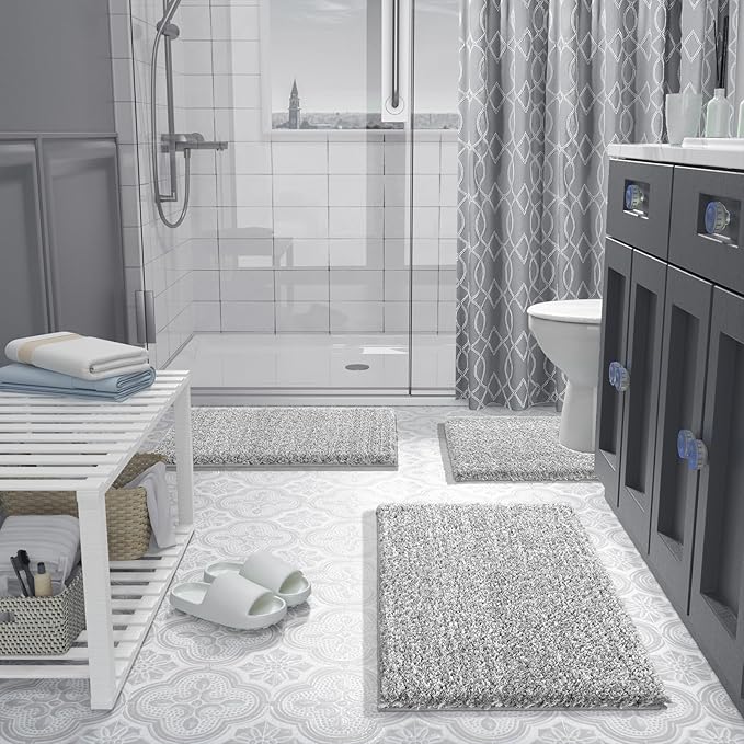 Yimobra Bathroom Rugs Sets 2 Piece, Soft Absorbent Bath Mat and U-Shaped Toilet Rug with Non Slip Backing, Machine Washable, Plush Shaggy Bath Mats for Bathroom, 32"x20"+24"x20", Light Gray and White