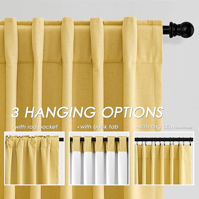 Nanspring Gold Yellow Linen Curtains 90 Inches Long Loop Pocket Rod Pocket Thermal Insulated Flax Linen Sound Proof Sun Block Out 2 Panels Set for Nursery Rustic Farmhouse Curtains Drapes 52x90