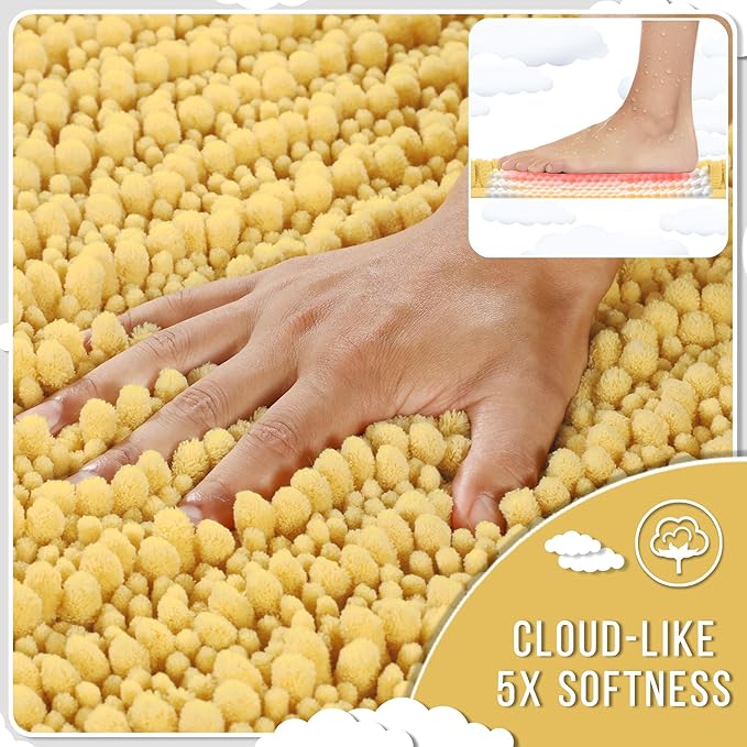 Yimobra Bathroom Rugs Non Slip Washable 24x17 Inch - Ultra Soft Absorbent Chenille Bath Mat, Quick Dry Shaggy Floor Carpet for Tub Shower, Yellow Home Decor Accessories