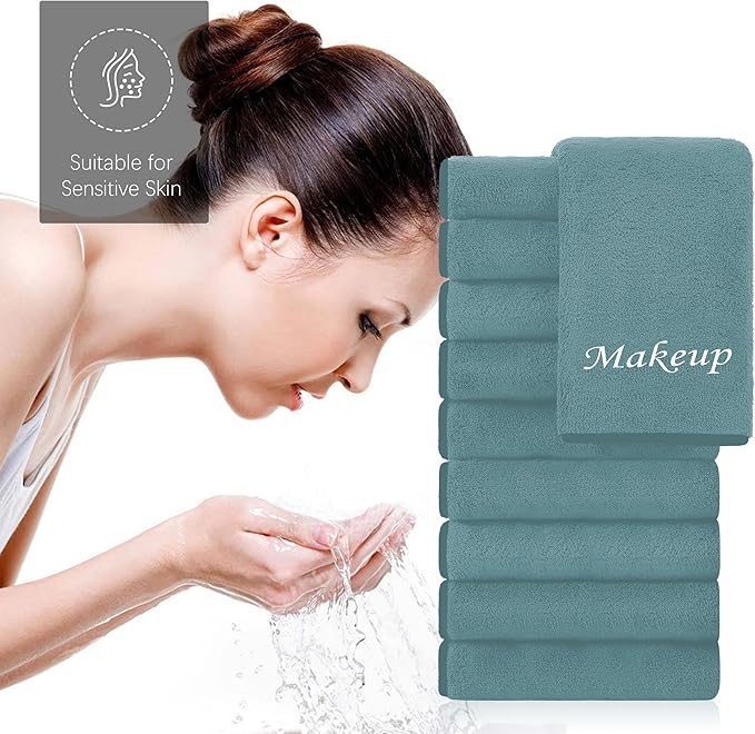 Cosy Family 10 Pack Makeup Remover Wash Cloths - Soft Microfiber Fingertip Facial Cleansing Cloths for Hand and Make Up, 12 x 12 in, Teal