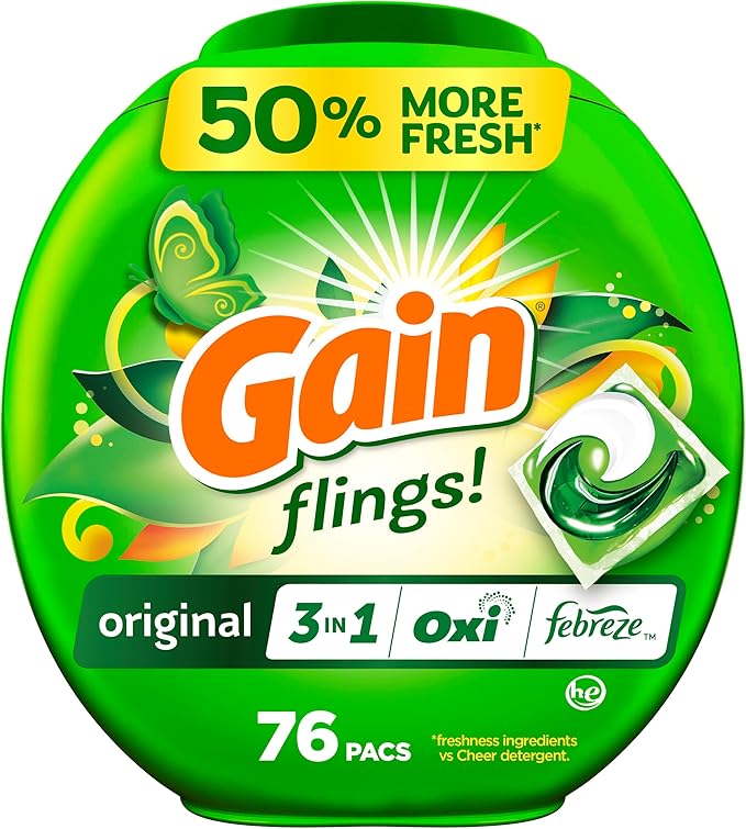 Gain flings Laundry Detergent Soap Pacs HE Compatible Long Lasting Scent, Original Scent, 76 Ct, Gain Laundry Detergent