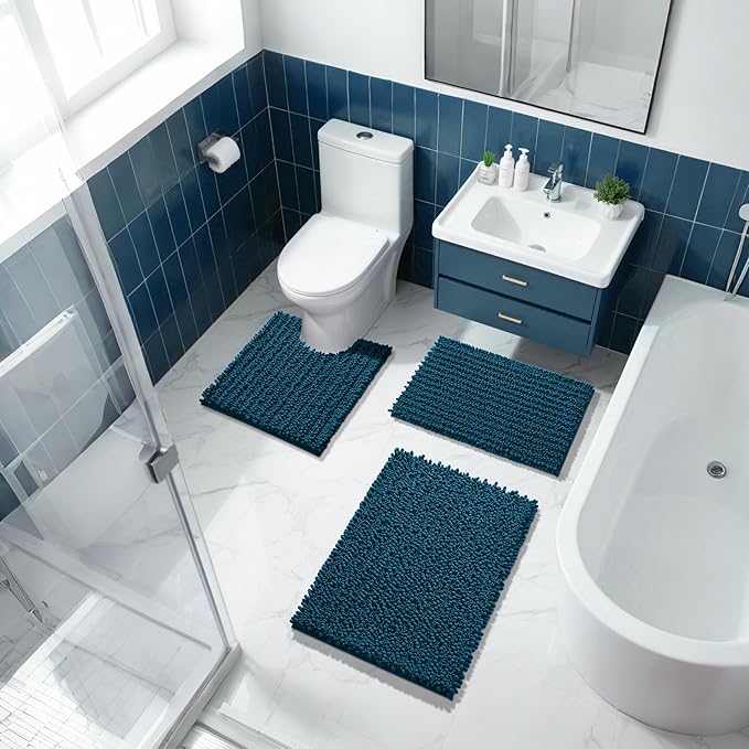 Yimobra Bathroom Rugs Non Slip Washable 24x17 Inch - Ultra Soft Absorbent Chenille Bath Mat, Quick Dry Shaggy Floor Carpet for Tub Shower, Peacock Blue Home Decor Accessories